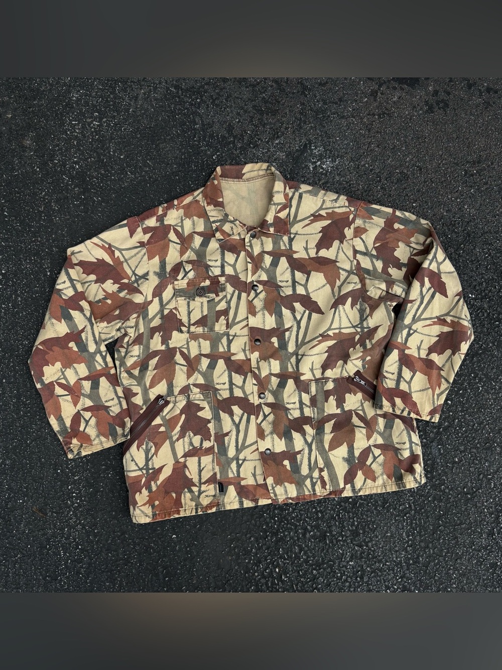 Vintage 80s Himalayan Mirage Camo Hunting Jacket Shirt Pocket Canvas Leaf USA